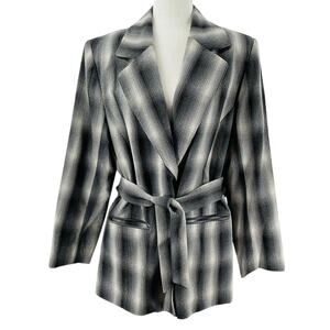 Ports International Vintage Black Gray Ombre Plaid Long Belted Jacket 10